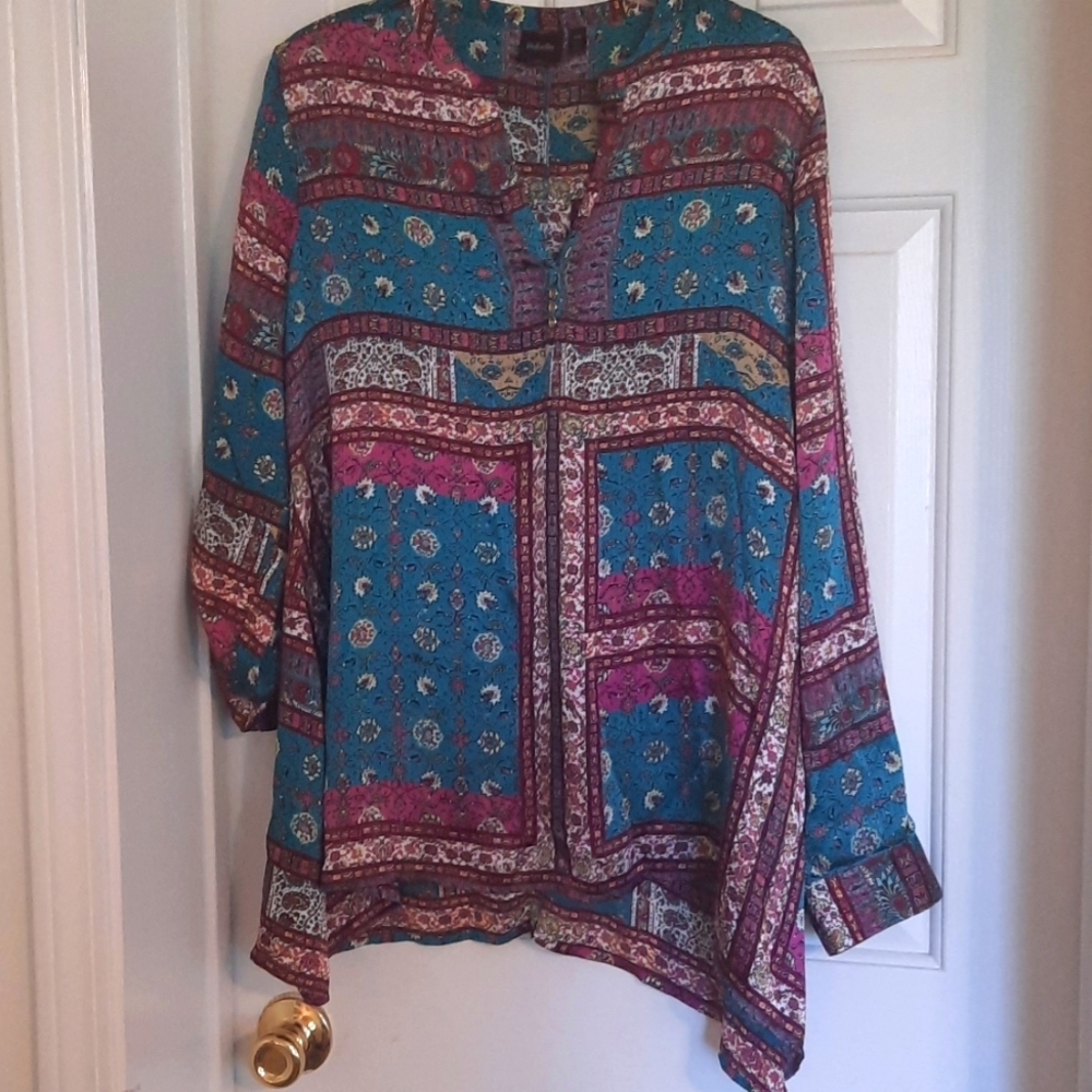 Turquoise and purples flowy silky feel Blouse sz large